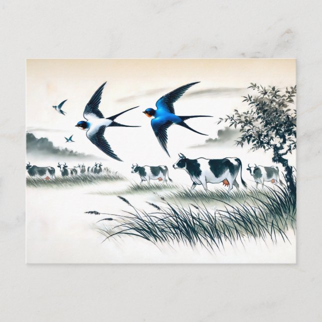 Sväljer som flyger över en boskap Fält i kinesiska Vykort (Framsida)