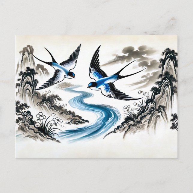 Sväljer uppsving genom Himmel i kinesiska Bläck Vykort (Framsida)