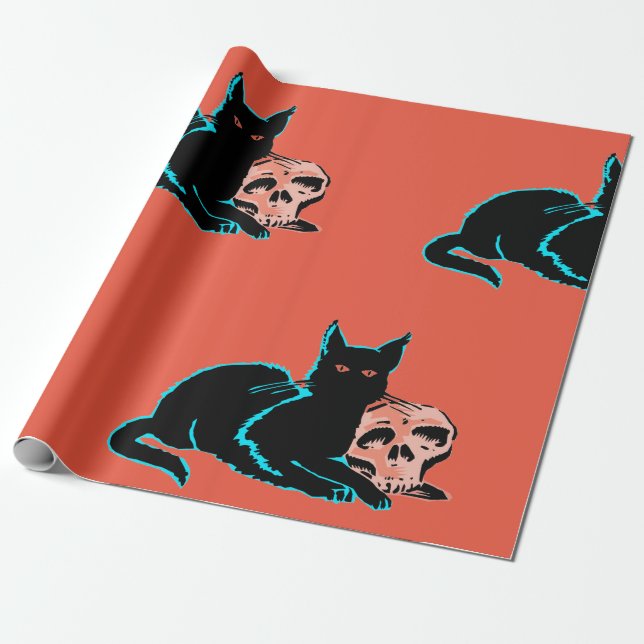 Svälla Papper ANIMERAD BLACK CAT MED SKULL Presentpapper (Utrullad)
