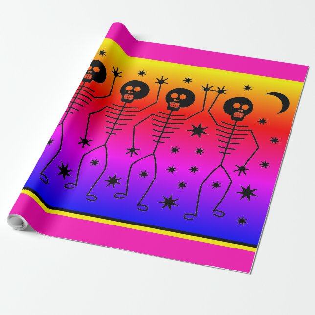 Svälla Pappra HALLOWEEN RAINBOW DANCING SKELETONS Presentpapper (Utrullad)