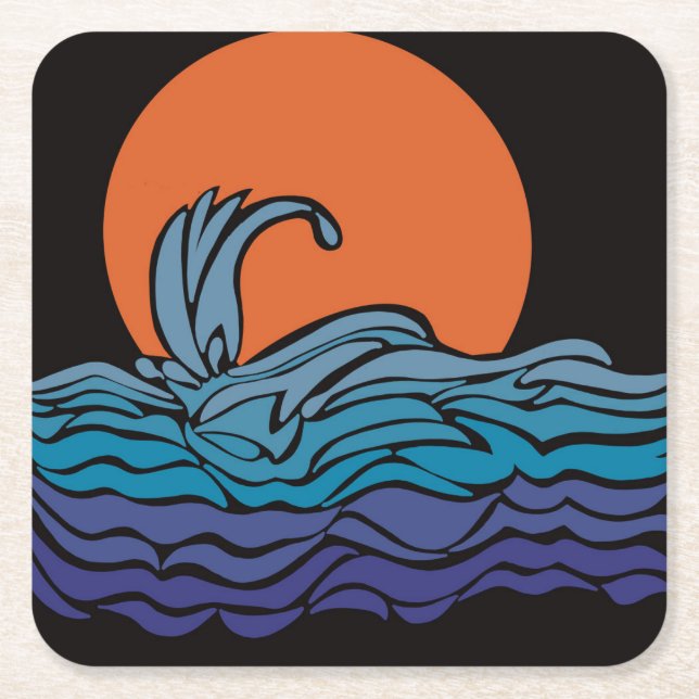 Svällande, färglösa havsvatten, vågar och solnedgå underlägg papper kvadrat (Framsidan)