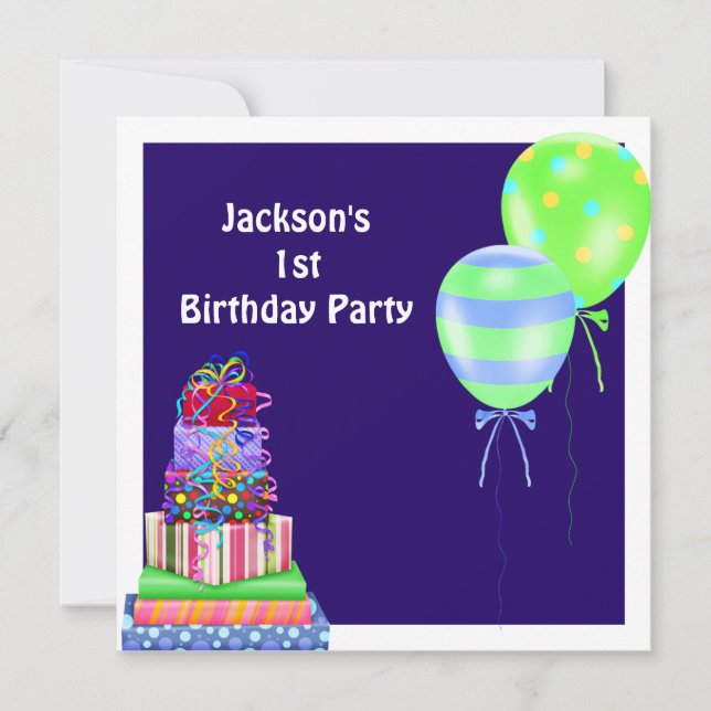 Sväller den 1st födelsedagtårtan för pojkar inbjudningar (Framsida)