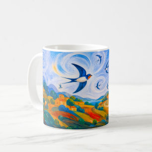 Svalor flygande över en böljande sommarscen kaffemugg