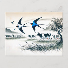 Svalorna flyger över en boskapshage i kinesisk blä vykort