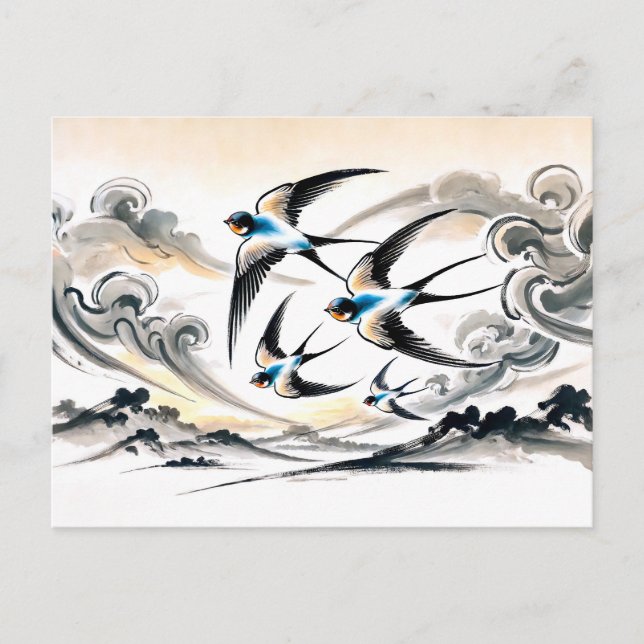 Svalorna svävar genom himlen i kinesisk bläck Pa Vykort (Framsida)
