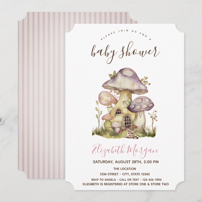 Svamp Hus Rosa Ränder Baby Shower   Inbjudningar (Fram/baksida)
