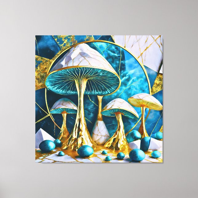 Svamp i blå och guld geometrisk surrealism  canvastryck (Framsida)