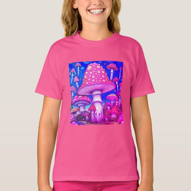 Svamp Stad-Färgglada Röda + Gula Svampar på   T Shirt (Framsida)