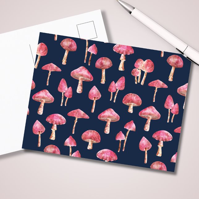 Svamp Vattenfärg Mönster Vykort (Pink mushroom original watercolor illustration on blue.  Matching woodland forest items available.)