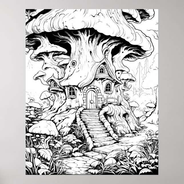 Svampälvhus Fantasy-färgläggningsaffisch Poster (Framsidan)