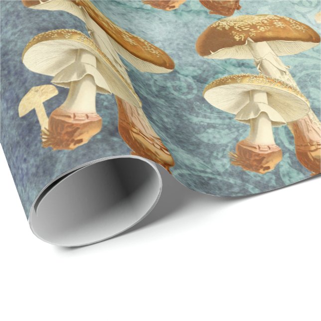 Svampar Brown Woodland Antique Blue Teal Presentpapper (Rullad Hörn)
