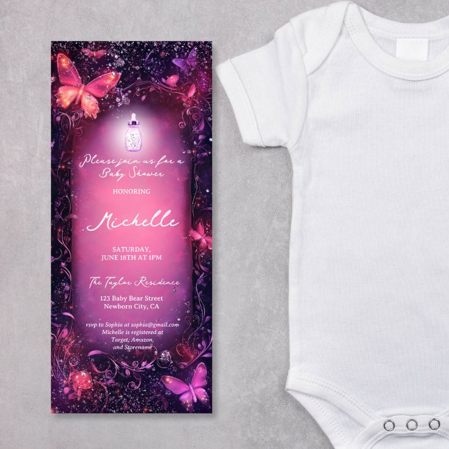 Svampar Butterfly EnchanForest Rulla Baby Inbjudningar (pink enchanted forest with scroll parchment and butterflies)