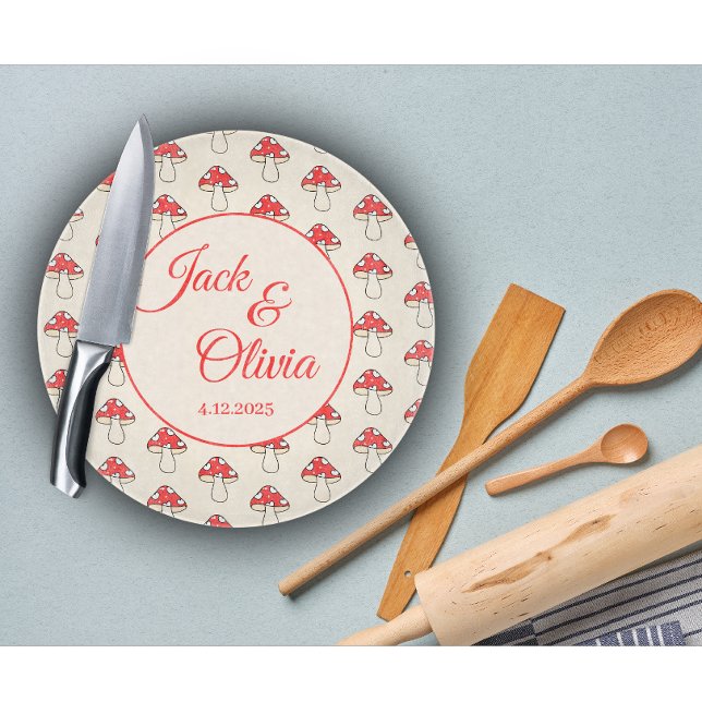 Svampar Cute Retro Kawaii Anpassningsbar par Namn (Modern customize wedding couple name with date glass cutting board)