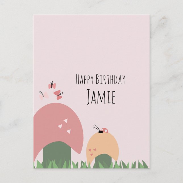 Svampar, Fjärilar och Nyckelpigor Grattis på födel Vykort (Framsida)