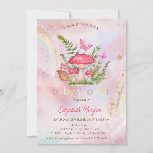 Svampar Fjärilar Regnbåge Blommig Baby Shower Inbjudningar (Framsida)