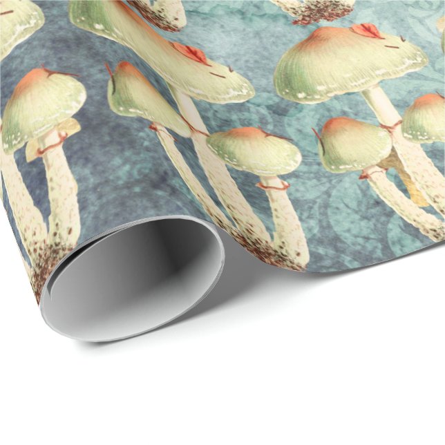 Svampar Guld Woodland Antique Blue Teal Presentpapper (Rullad Hörn)