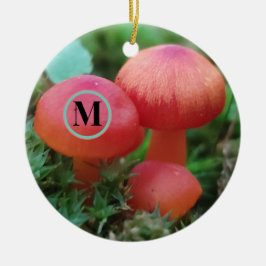 Svampar ljusröda med monogram julgransprydnad keramik