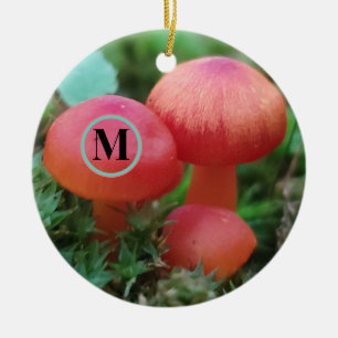 Svampar ljusröda med monogram julgransprydnad keramik
