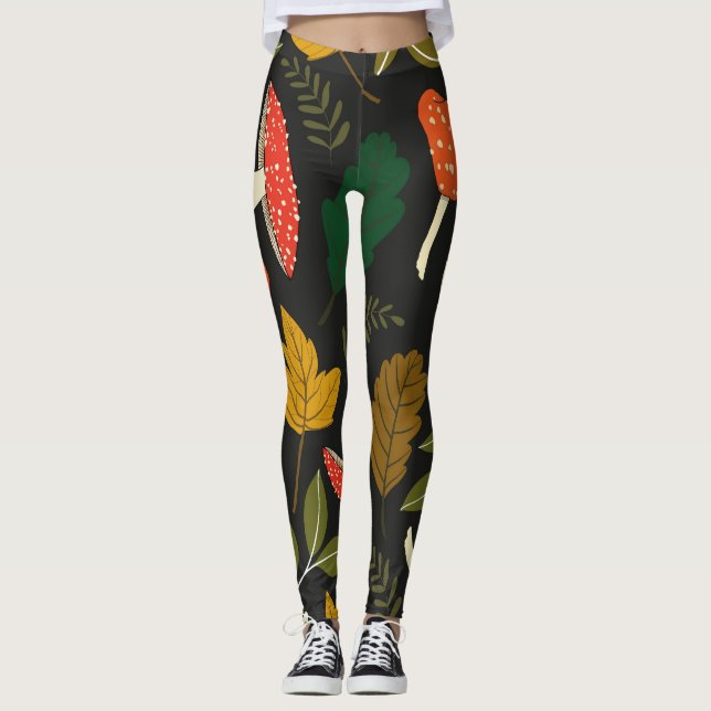 Svampar, löv, vintage fullt färg. leggings (Framsida)