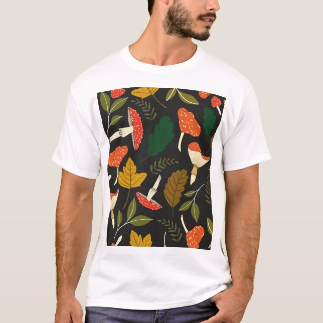 Svampar, löv, vintage fullt färg. t shirt (Framsida)