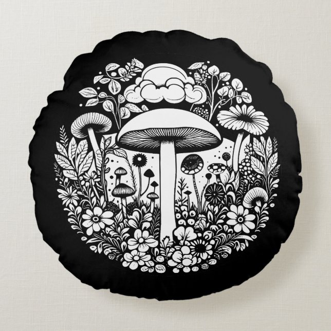 Svampar och blommor av svart och vitt Retro Rund Kudde (Framsidan)