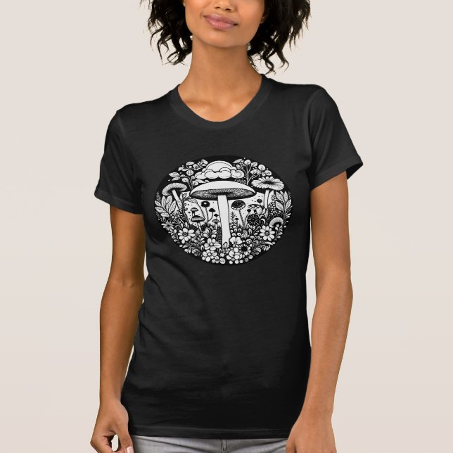 Svampar och blommor av svart och vitt Retro T Shirt (Framsida)