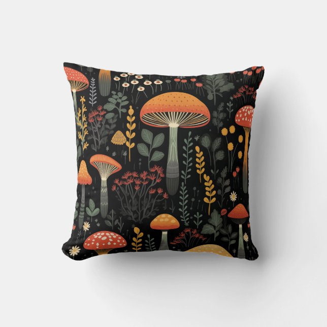 Svampar och blommor på svart bakgrund 4 kudde (Framsida)