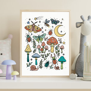 Svampar och Kryp Night Forest Kids Room Poster