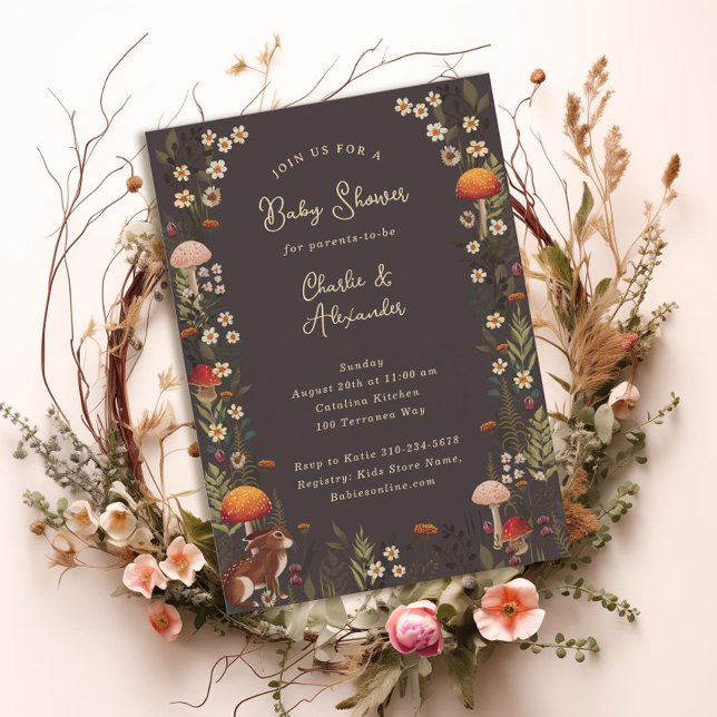 Svampar på skogar och vilda blommor grått babydusc inbjudningar (Skapare uppladdad)