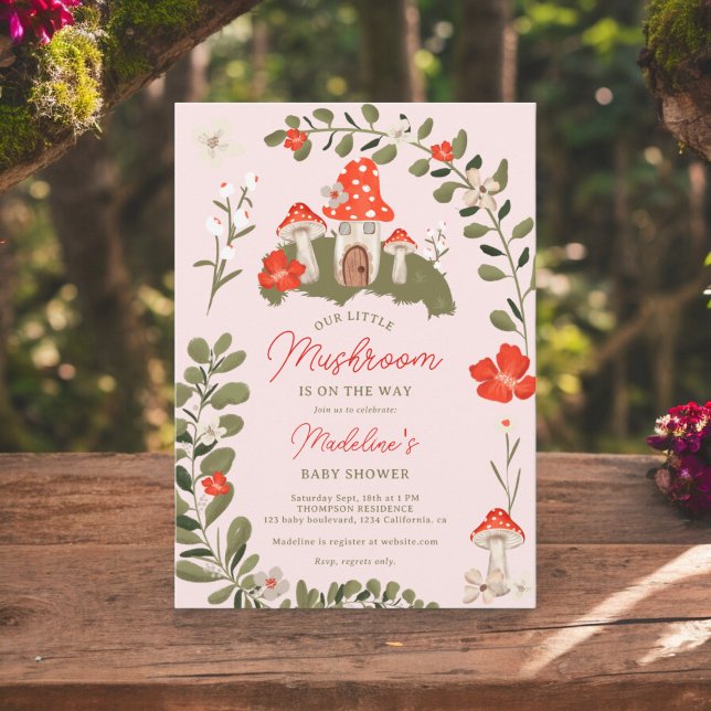 Svampar på ympmark, blommigt, babydusch inbjudningar (Whimsical woodland mushrooms floral baby shower invitation on blush pink)