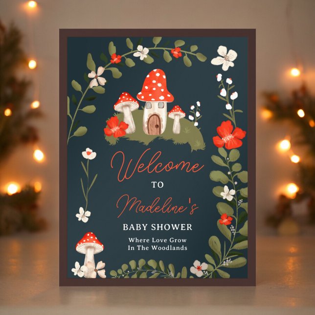 Svampar på ympmark, blommigt, babydusch poster (Whimsical woodland mushrooms floral baby shower poster)