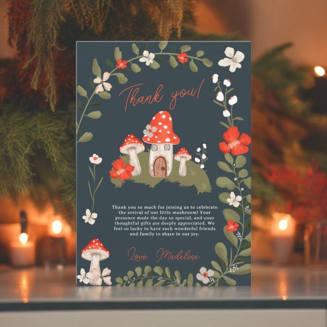 Svampar på ympmark, blommigt, babydusch tack kort (Whimsical woodland mushrooms floral baby shower thank you card)