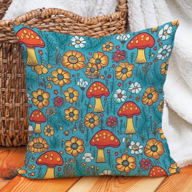 Svampar Retro 70-tal Röd Gul Turkos Kudde (Cute orange mushrooms on teal decorator pillow)