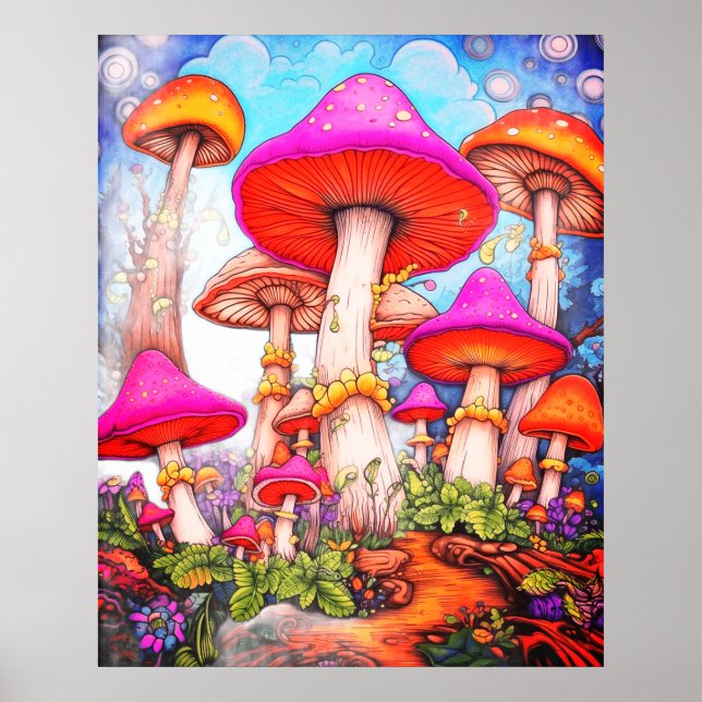 Svampar under en morgonhimmelbakgrund på en vägg poster (Framsidan)