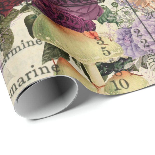 Svampar Woodland Antique Ephemera Marsala Red Presentpapper (Rullad Hörn)