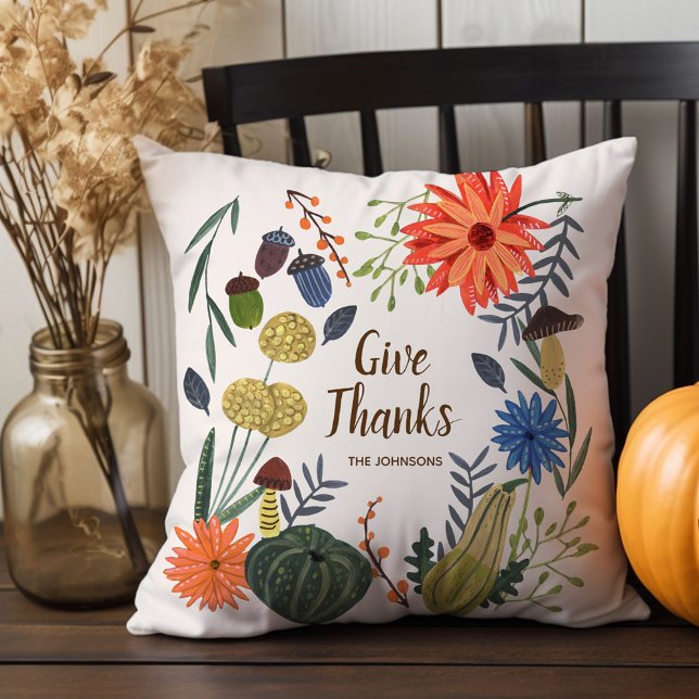 Svampfall för blommigt av utspädd Thanksgiving Kudde (Cute Thanksgiving floral mushroom fall Throw Pillow)