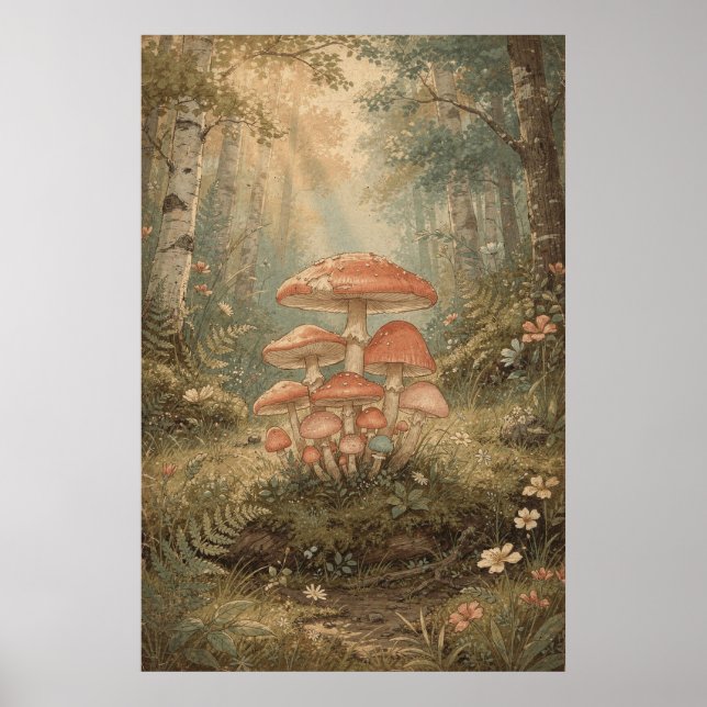 Svampkluster i en solbelyst björkskog poster (Framsidan)