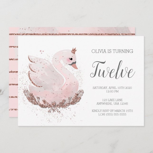 Svan 1:a födelsedag | Vita och Ro Guld Glitter Inbjudningar (Fram/baksida)