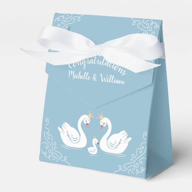 Svan Baby Shower Bird med Krona Co-Ed Blue Presentaskar (Framsidan Sidan)