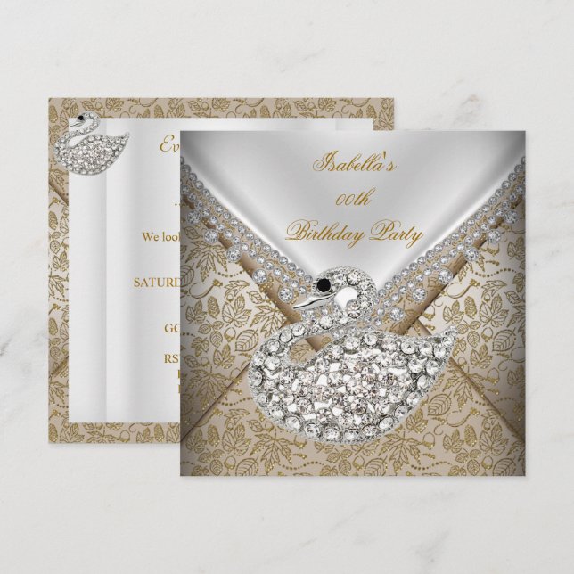 Svan Beige Guld Damast Vit Elegant Födelsedag Inbjudningar (Fram/baksida)