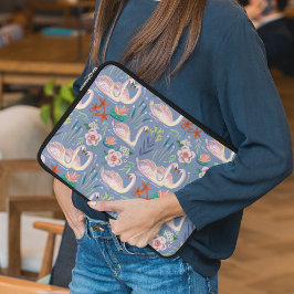 Svan Birds Blommigt Botaniskt blå Mönster Laptop Fodral