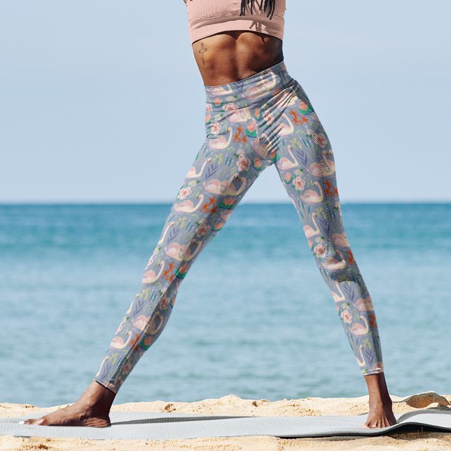Svan Birds Blommigt Botaniskt blå Mönster Leggings (Skapare uppladdad)