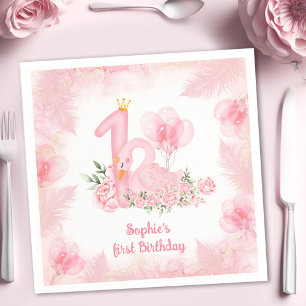 Svan Blommigt Feather Rosa White Girl Första födel Pappersservett