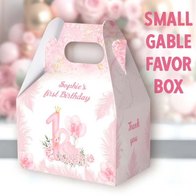 Svan Blommigt Fjäderfä Rosa 1:a födelsedag Gable G Presentaskar (Swan small gable favor boxes. You can choose from 3 sizes of these gable favor boxes.)
