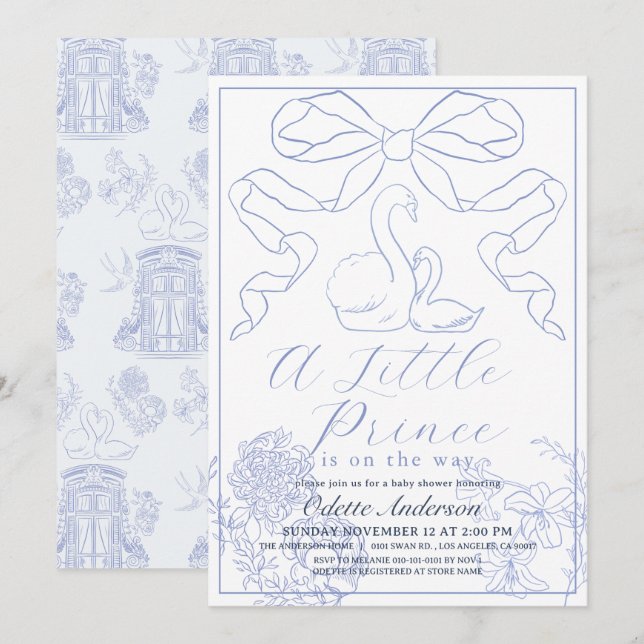 Svan Blue Toile de Jouy Boy Shower Inbjudningar (Fram/baksida)
