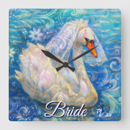 Svan Bride w/Veil på Vatten Blue White Personlig Fyrkantig Klocka