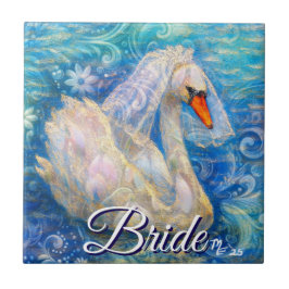 Svan Bride w/Veil på Vatten Blue White Personlig Kakelplatta