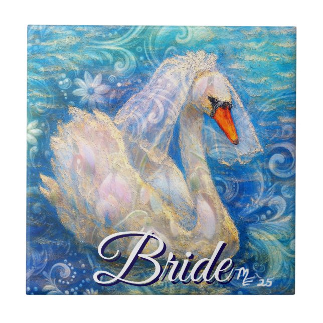 Svan Bride w/Veil på Vatten Blue White Personlig Kakelplatta (Framsidan)
