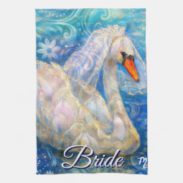 Svan Bride w/Veil på Vatten Blue White Personlig Kökshandduk