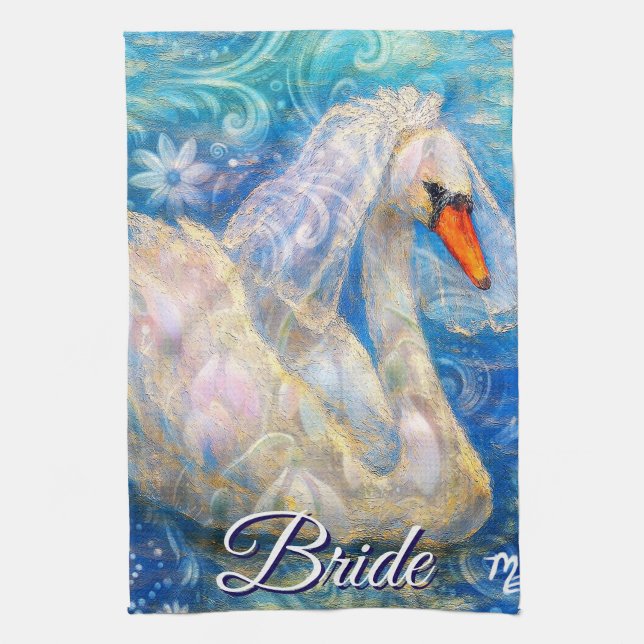 Svan Bride w/Veil på Vatten Blue White Personlig Kökshandduk (Vertikal)